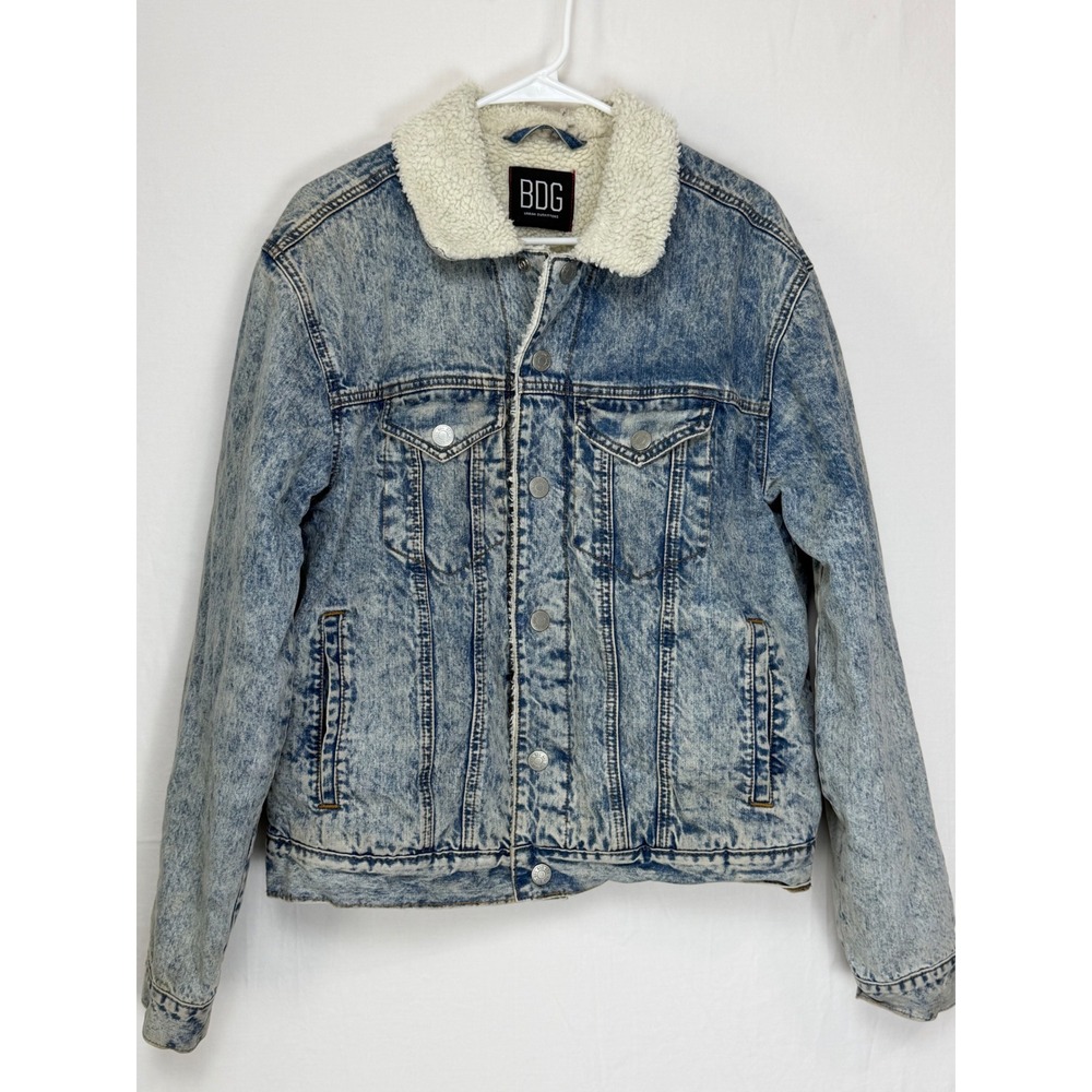 BDG Womens 100% Cotton Denim Jacket L Blue Acid Wash Sherpa Collar Trucker
